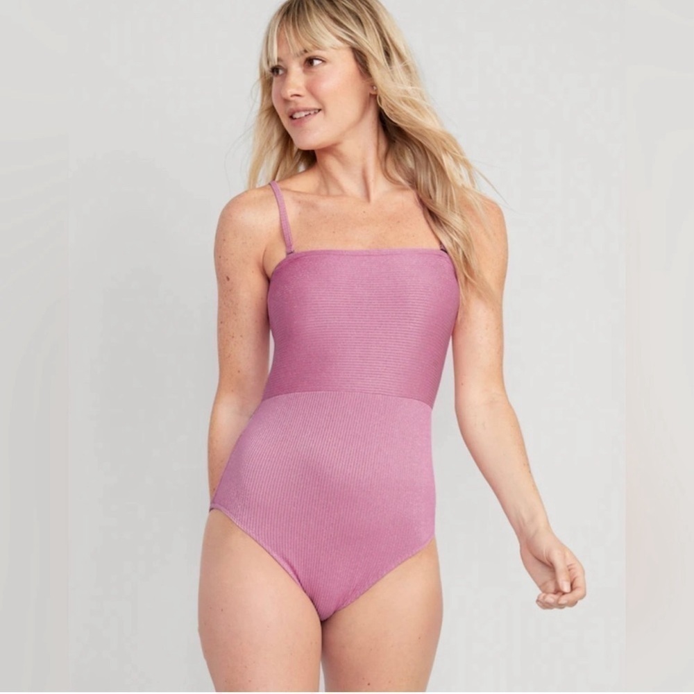 NWT Old Navy Convertible Metallic Shine One Piece Swimsuit Bergamot Pink Silver